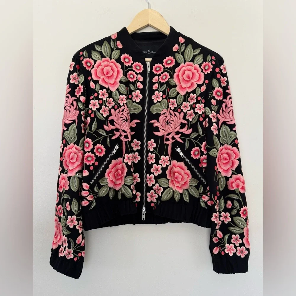 Needle & Thread Embroidered Rose Bomber Floral Crepe Jacket Size US 8 - Picture 4 of 16
